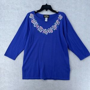 Bob Mackie Tunic Sweater Top Women‎ LARGE Blue Embroidered Floral 3/4 Sleeve